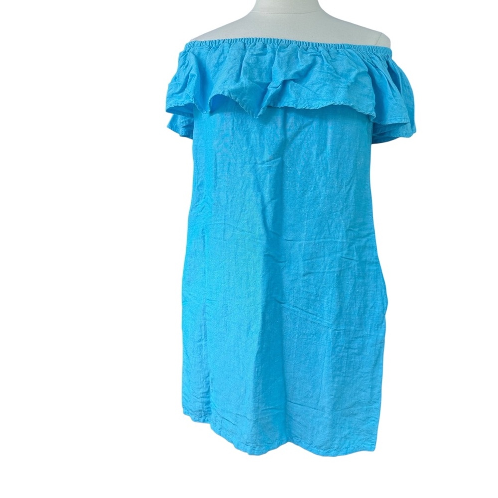 Tommy Bahama St. Lucia Linen Dress Women’s Sz XS Off  Shoulder Ruffle Shift Blue